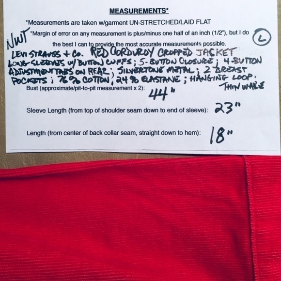 LEVI STRAUSS & CO. Original Trucker Jacket, CROPPED, RED CORDUROY, NWT, Size L - Picture 8 of 8